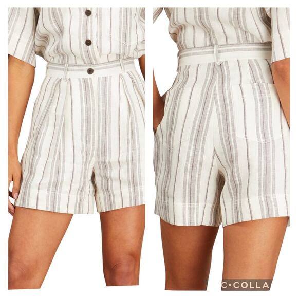 New LEE MATHEWS  Dallas Short Neutral Linen Coco Black Ivory Striped Womens Sz 4 - Picture 1 of 13